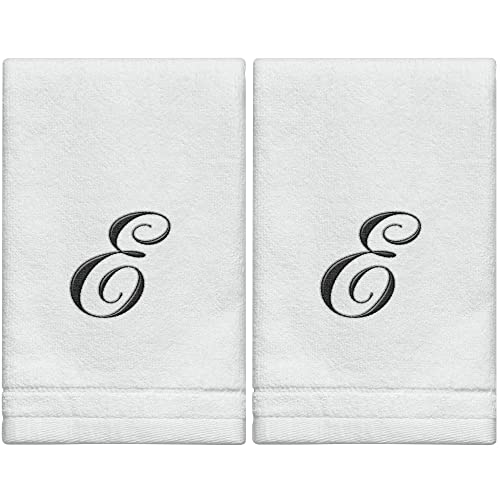 Monogrammed Towels Fingertip, Personalized Gift, 11 x 18 Inches - Set of 2- Black Embroidered Towel - Extra Absorbent 100% Cotton- Soft Velour Finish - For Bathroom/Kitchen/Spa- Initial E (White)