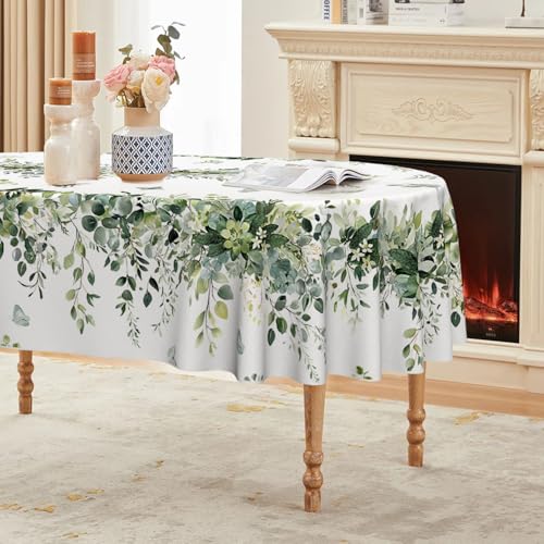 Horaldaily Spring Tablecloth 60 x 84 Inch Oval Green Eucalyptus Seasonal - Washable Table Cover for Party Picnic Dinner Decor