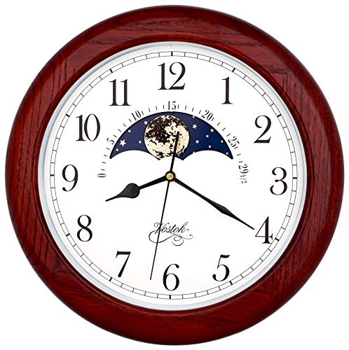 JUSTIME 14 Inch Exclusive Solid Oak Wood Non-Ticking Sweep Mechanical Specialty Moon Phase Moving Dial Wall Clock, Gift, Home D??cor
