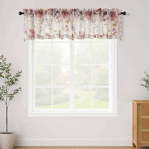 "Lecloud Crushed Valances for Windows 14 Inch Length 2 Pcs, Printed Short Sheer Curtains Kitchen Valance, Rod Pocket Small Curtain Window Treatments for Bedroom Living Room Bathroom, 42"" W x 14"" L"