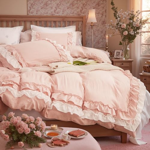 Bedorm Ruffle Duvet Cover Twin Coquette Bedding Ultra Soft Breathable Shabby Chic Bedding Pink Ruffled Duvet Cover Set Cute Comforter Cover