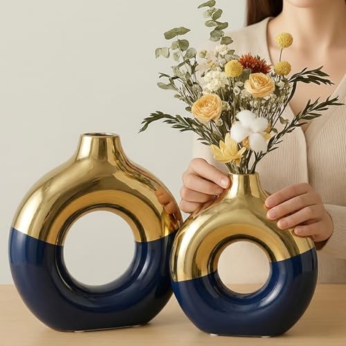 Set of 2 Decorative Blue and Gold Donut Vases, Circle and Hollow Matte Ceramic Vase for Entryway, Living Room, Bedroom, Dining Table, Centerpiece, Office, Home Decor