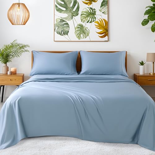 "SONORO KATE 100% Egyptian Cotton Sheets,1200 Series,Cal King Size - Soft Breathable & Cooling LuxuryHotel Cotton,Sateen Weave for Soft Feel,Fits Upto 16"" Mattress,4PC,French Blue"