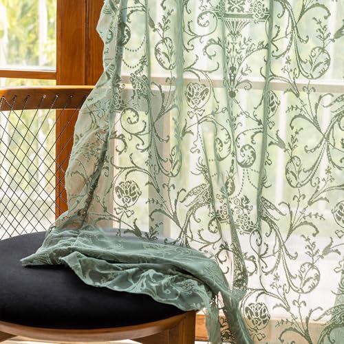 TUDECO Olive Green Lace Curtains 63 Inch Length - Vintage Sheer Floral Ruffle Curtains for Bedroom French Spring Light Privacy Window Treatment Rod Pocket 2 Panels, 59 x 63 Inch, Dark Green