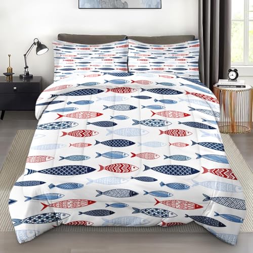 Pamnest Comforter Set Full Size, Fish Blue Summer Soft 3 Pcs Bedding for Kids and Adults, Red Sea Cute Comforter Set with Pillowcase, for Bedroom Bed Decor