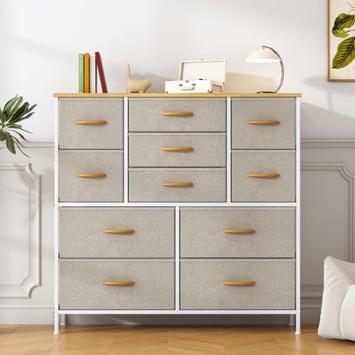 Feonase Chest of Drawers,Bedroom Tall Dresser with 11 Fabric Drawers, Metal Frame & MDF Wood Top, Adjustable Feet, Storage Organizer Unit for Bedroom, Closet, Living Room, Office Hallway, Khaki