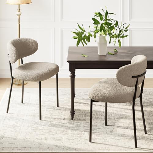 MALOL Dining Chairs Set of 2, Boucle Chairs for Dining Room with Metal Legs & Curved Backrest & Thick Cushion, Upholstered Teddy Fabric Sherpa Kitchen Chair with Anti-Slip Pads, Camel