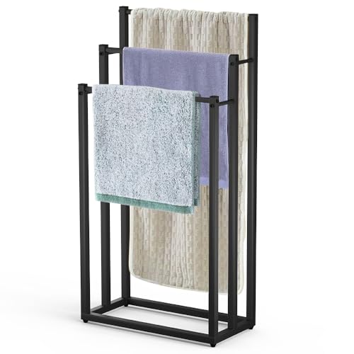 VOUNOT® Freestanding Towel Rail 3-Tier Metal Towel Stand, Stable Towel Holder Storage for Washcloths and Bathroom Accessories, Black