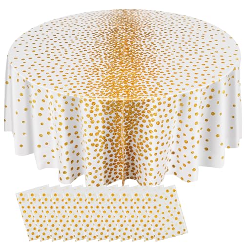 VitalCozy Round Dot Tablecloth 84 Inch Plastic Table Cover Polka Dot Confetti Tablecloths for Easter 2026 Graduation Prom Wedding Birthday Spring Party Supplies(White and Gold,12 Pcs)