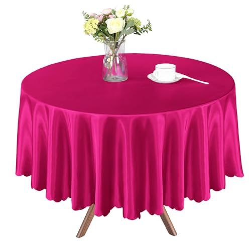 Homiest 84 Inch / 7ft Satin Round Tablecloth, Hot Pink Table Cover - Pure Polyester Silky Satin, Elegant Wavy-Edge Seamless Design, Fade-Resistant Reusable, for Weddings Banquets and Parties