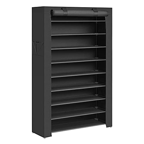 SONGMICS 10-Tier Shoes Rack with Dustproof Cover, 28 x 88 x 160 cm, Shoe Storage Cabinet, Shoe Organiser, Shoe Stand Holds 40-50 Pairs of Shoes, for Living Room, Hallway, Black RXJ36H