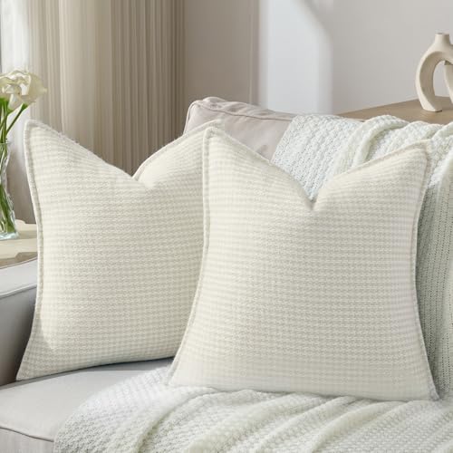 FUTEI Cream Decorative Throw Pillow Covers 18x18 Inch Set of 2,Soft Houndstooth Textured Cushion Case,Modern Home Decor for Couch Bed Living Room