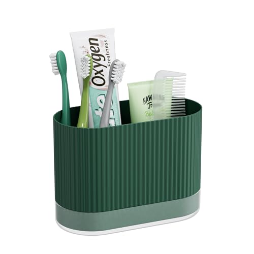 Green Toothbrush Holders for Bathrooms, Plastic Kids Tooth Brush Holder with Drainage and Drip Tray, Cute Shower Toothpaste Holder Stand Organizer Caddy Wall Mount & Countertop Accessories Decor
