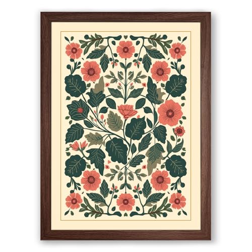 Symmetrical Floral Tapestry Botanical Framed Wall Art Print A1 (84.1×59.4cm) Walnut, Wall Decor for Living Room, Bedroom, Office & Home, Ready to Hang, Art Gift