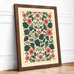 Symmetrical Floral Tapestry Botanical Framed Wall Art Print A1 Walnut