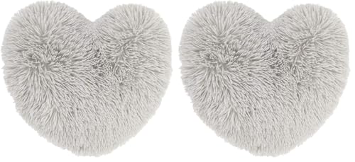 Catherine Lansfield Cuddly Deep Pile Faux Fur Heart Shaped Cushion Silver Grey (Pack of 2)
