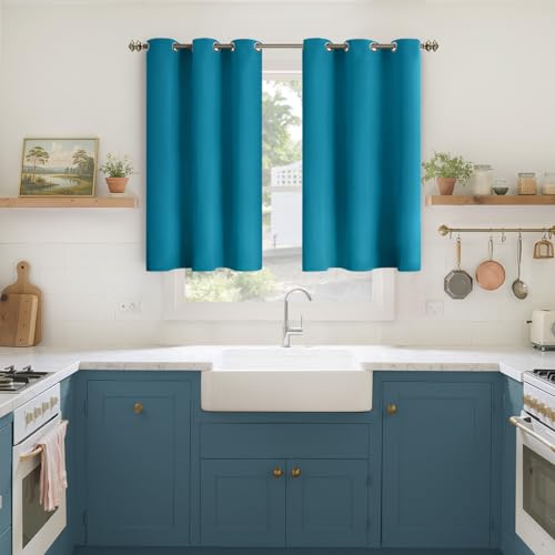 YoungsTex Short Blackout Curtains 40 Inches Length for Kitchen Window - Thermal Insulated Drapes with Grommet Room Darkening for Bathroom Bedroom Window, 2 Panels, 42 x 40 Inch, Peacock Blue