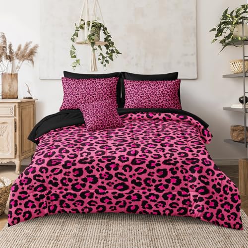 Leopard Print Comforter Queen Black and Pink Bedding Sets 8 Pcs Hot Pink Cheetah Animal Print Texture Wild Leopard Bed in A Bag with Comforter and Sheet Set