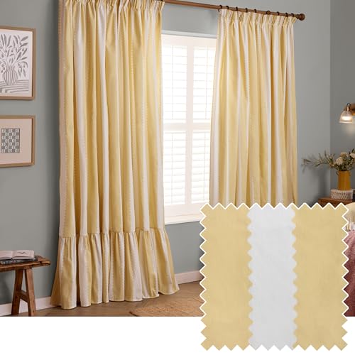furn. Wylder Birdie Stripe Pencil Pleat Curtain Pair – Ruffled Cotton Striped Room Darkening Curtains (Butter Yellow – Width 168 x Drop 229cm)
