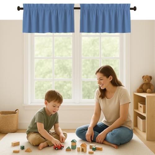 Softopia Cotton Set of 2 Valance Curtains for Windows 54x18 for Living Room Bedroom Kitchen Windows Bathroom, 100% Cotton Farmhouse Vintage Curtain Valances Rod Pocket - Sky Blue