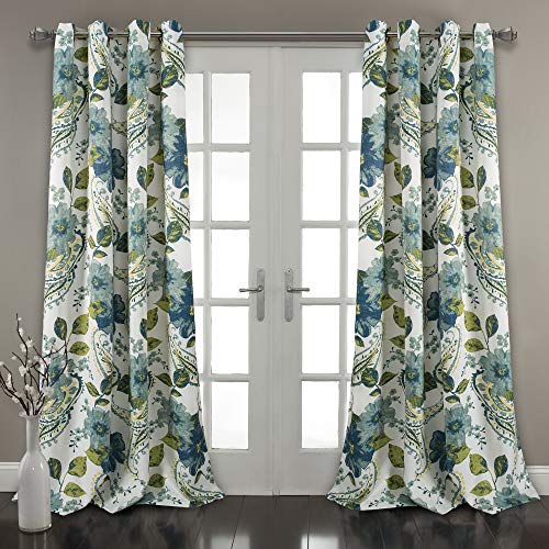 "Lush Decor, Blue Floral Paisley Room Darkening Window Curtain Panel Pair, 108"" x 52"""