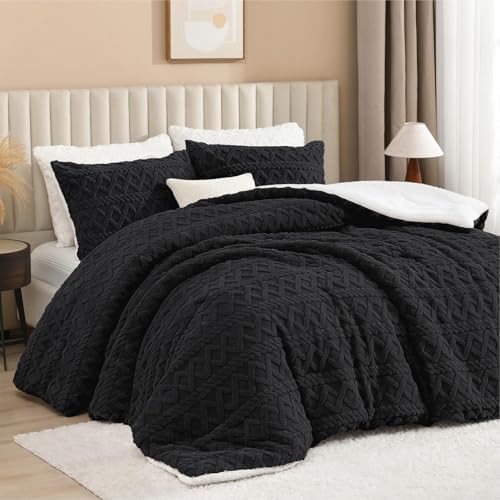 Andency Fluffy Sherpa King Comforter Set, Black Fleece Soft Bedding Set - Super Soft Warm Bed Set for Winter, Luxury Jacquard Boho Thick Fuzzy Plush (1 Shaggy Comforter, 2 Pillowcases)