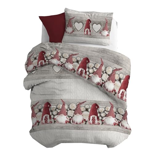 PENSIERI DELICATI Flannelette Single Duvet Cover Set, 100% Cotton, Bag 155 x 200 cm and Pillowcase 52 x 82 cm, Made in Italy, Duvet Cover Machine Washable at 40 °, Red Gnome Design