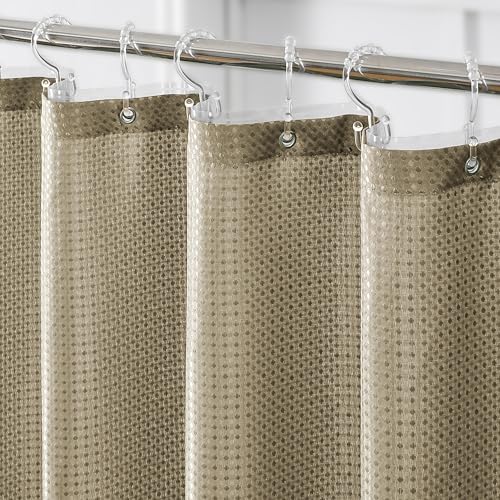 QiyI 3 in 1 Shower Curtain Set, Beige Waffle Shower Curtain and Liner Set with 12 Double Shower Curtain Hooks, Waterproof Fabric Hotel Bathroom Curtain with PEVA Liner & Clear Plastic Rings, 72 x 72
