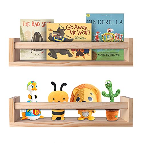 BOMID Wall Bookshelves,Set of 2 Natural Wood Floating Bookshelf,Nursery Shelves,Floating Book Shelves for Wall(Burlywood)