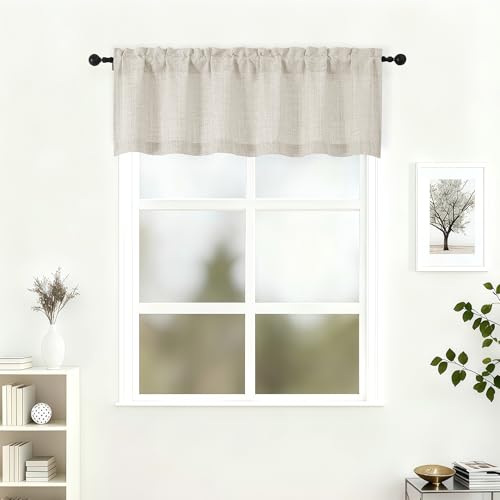 "Lecloud Natural Valance 16 Inch Length, Airy Privacy Light Filtering Window Treatments Kitchen Curtains, Short Modern Drapes with Rod Pockets for Bathroom Cafe Basement, 60"" W x 16"" L 1 Panel"