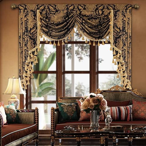 Loom and Mill Luxury Waterfall Valance for Living Room, Classic Damask Jacquard Valance with Tassels, Black Curtains for Bedroom Window Banquet Halloween Decoration Rod Pocket (B
