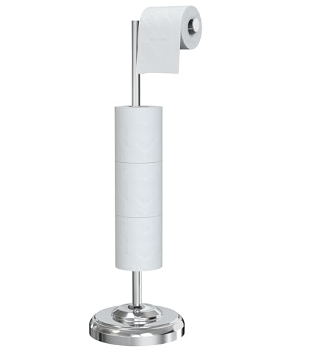 WZKALY Toilet Paper Holder Stand, Chrome Free Standing Toilet Paper Holder with Storage for Bathroom, Reserve for 5 Rolls, SUS304 Stainless Steel Toilet Paper Roll Holder with Weighted Base