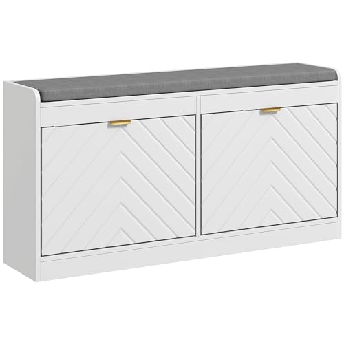 HOMCOM Shoe Storage Bench, Narrow Shoe Bench with 2 Flip Drawers, Seating Cushion and 2 Vents for 8 Pairs of Shoes for Entryway, Hallway, White