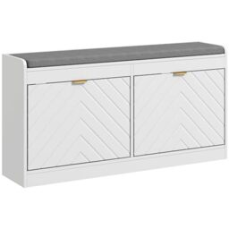 HOMCOM Shoe Storage Bench, Narrow Shoe Bench with 2 Flip Drawers, Seating Cushion and 2 Vents for 8 Pairs of Shoes for Entryway, Hallway, White