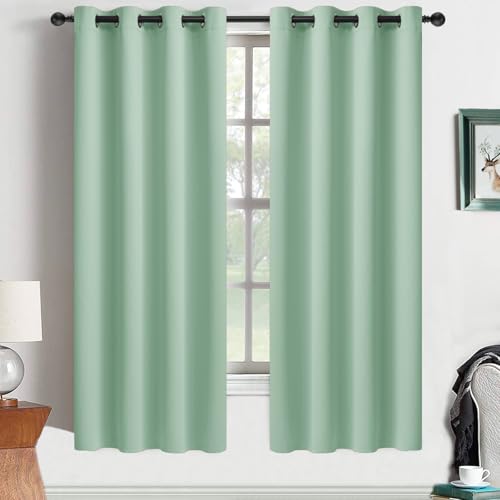 Yakamok Light Sage Green Blackout Curtains 63 Inches Length with Grommet Green Room Darkening Thermal Insulated Curtain Set of 2 Drapes for Bedroom Living Room, 52W x 63L, Light Sage,2 Panels