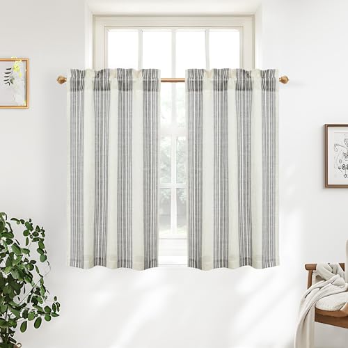 DriftAway Kitchen Tier Curtains - Striped Linen Short Pinstripe Cafe Curtains 45 Inch Length for Living Room Bathroom Chris Farmhouse Rustic Rod Pocket 2 Panels Gray