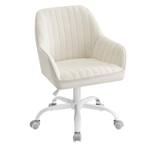 SONGMICS Office Chair, Swivel Chair, Makeup Vanity Chair, Sherpa and Synthetic Leather, Foam Padding, Adjustable Height, for Home Office, Study, Bedroom, Cappuccino Beige and Cloud White OBG012W11
