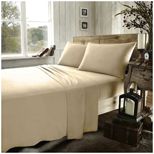 GC GAVENO CAVAILIA 100% Brushed Cotton Fitted, Flat Sheet With Pillowcases, Flannelette Bedding, Flannel Bed Sheets, Grey, Double, Plain-latte