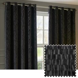 Paoletti Manhattan Room Darkening Eyelet Curtain Pair – Elegant Velvet Geometric Textured Lined Ring Top Drapes (Charcoal - 168x137cm)