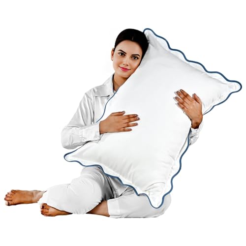 "Ridhi White with Blue Scalloped 100% Cotton 400 TC Throw Pillow Covers 20""x30"" Set of 2 Solid Pure Farmhouse Case Soft Home Decor for Sofa, Bed, Couch, Living Room Gift for Spring, Easter, Valentine"