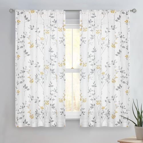 Beauoop Floral Linen Semi Sheer Curtains Living Room Yellow Grey 50x54x2 - Farmhouse Flower Patterned Yellow White Light Filtering Drapes for Bedroom 2 Panels Textured Window Treatment Rod Pocket