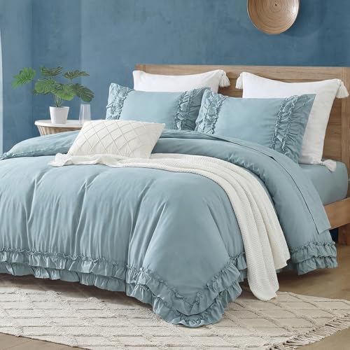 Bedorm Grayish Blue Comforter Queen Ruffled Bedding Set Shabby Chic Ruffle Fringe Boho Bedroom Decor Super Soft Cozy Blue Bedding Comforter Set