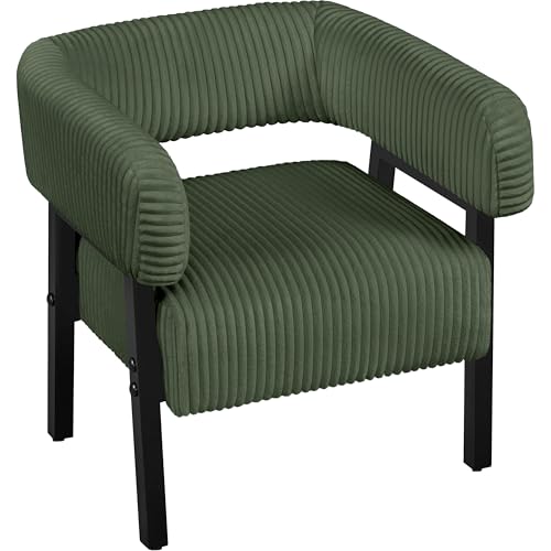 Yaheetech Corduroy Tub Chair with Pocket Coiled Seat, Dark Green/Set of 1 - Barrel Vanity Chair with Rubberwood Legs, Upholstered Armchair, Accent Sofa with Adjustable Foot Pads, Living Room Bedroom