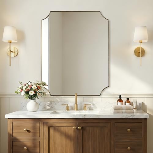 "ANDY STAR Gold Vanity Mirror, 24x32 Inch Scalloped Mirror for Bathroom, Brushed Gold Mirror in Anti-Rust Stainless Steel Metal 1"" Frame, Antique Scalloped Edge Design, Ideal for Home Remodel"