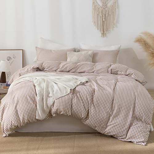 "YHJWW Tan Gingham Duvet Cover Bedding Set Prewashed Extra Soft Comfy Breathable 3 Piece Brown Plaid Checkered Grid Comforter Cover Set Cute Aesthetic (King 104""x90"", No Comforter)"