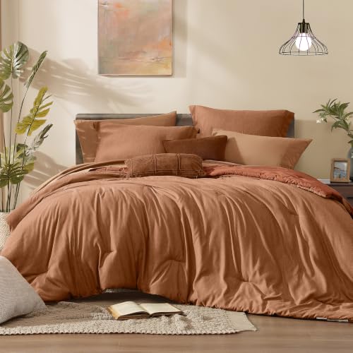 Monbix Super King Comforter Set 7 Pieces Autumn Leaf Bed in a Bag - Cationic Dyeing Reversible All Season Bedding Sets with Comforter, Sheets, Pillowcases & Shams