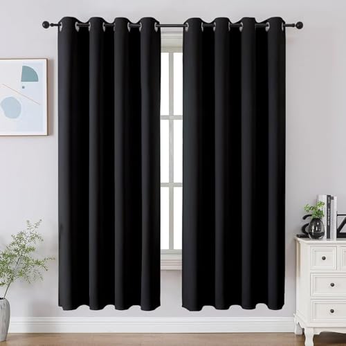 Joydeco Blackout Curtains 72 Inch Length 2 Panels Set, Thermal Insulated Long Curtains& Drapes 2 Burg, Room Darkening Grommet Drapes for Bedroom Living Room Window (Black, W52 x L72 Inch)
