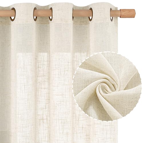 LAMIT Natural Ivory Linen Sheer Curtains 72 inches Long for Living Room, Soft Light Filtering Window Treatments Bronze Grommet Neutral Boho Drapes for Bedroom, 2 Panels Set, 52 x 72 Inch