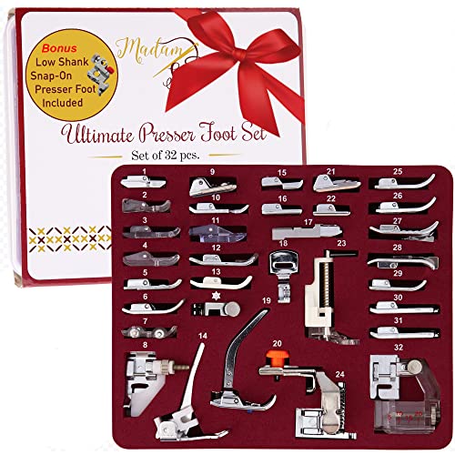 Madam Sew Presser Foot Set 32 Piece Set - The ONLY Sewing Machine Presser Foot Kit with Manual, DVD & Deluxe Storage Case - Numbered Slots for Organization - Compatible with Most Sewing Machines