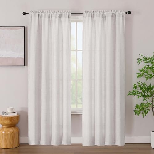 "Simplebrand Natural Linen Curtains 84 Inch Length 2 Panels Set, Faux Linen Textured Semi Light Filtering Farmhouse Curtains & Drapes, Soft Slub Window Curtains for Living Room Bedroom, Each 42""Wx84""L"